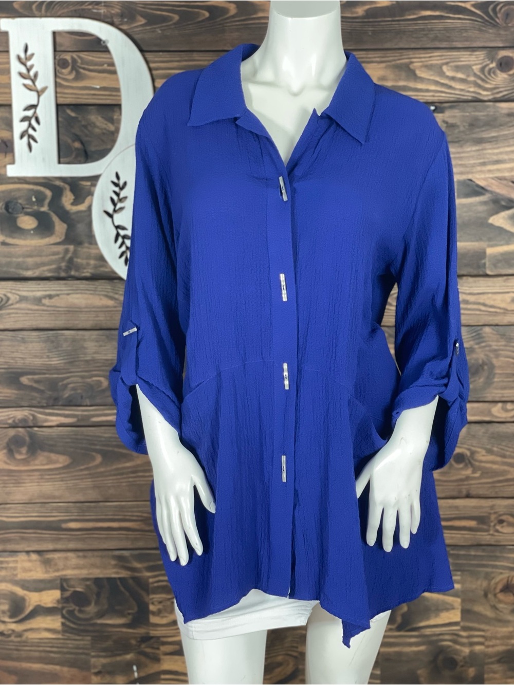 Soft Surroundings‎ | Cobalt Blue Button-Front Collard Tunic Top Hanky Hem Silver
